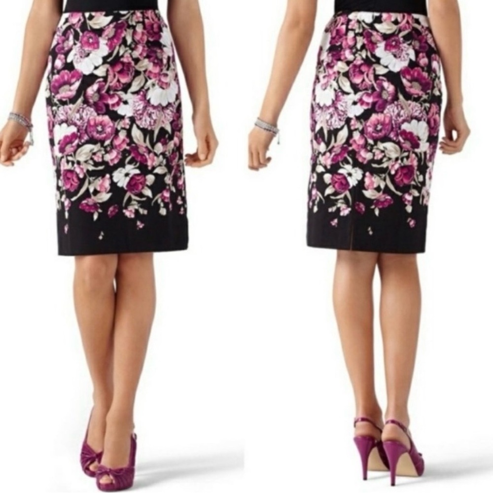 White House Black Market Black Pencil Skirt with Magenta & White Floral Print